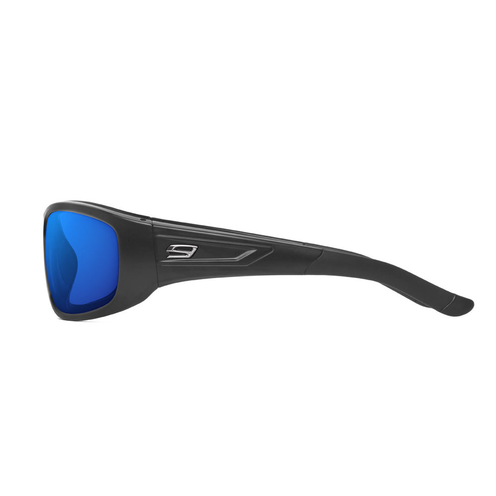 Black sunglasses with blue lenses on a white background