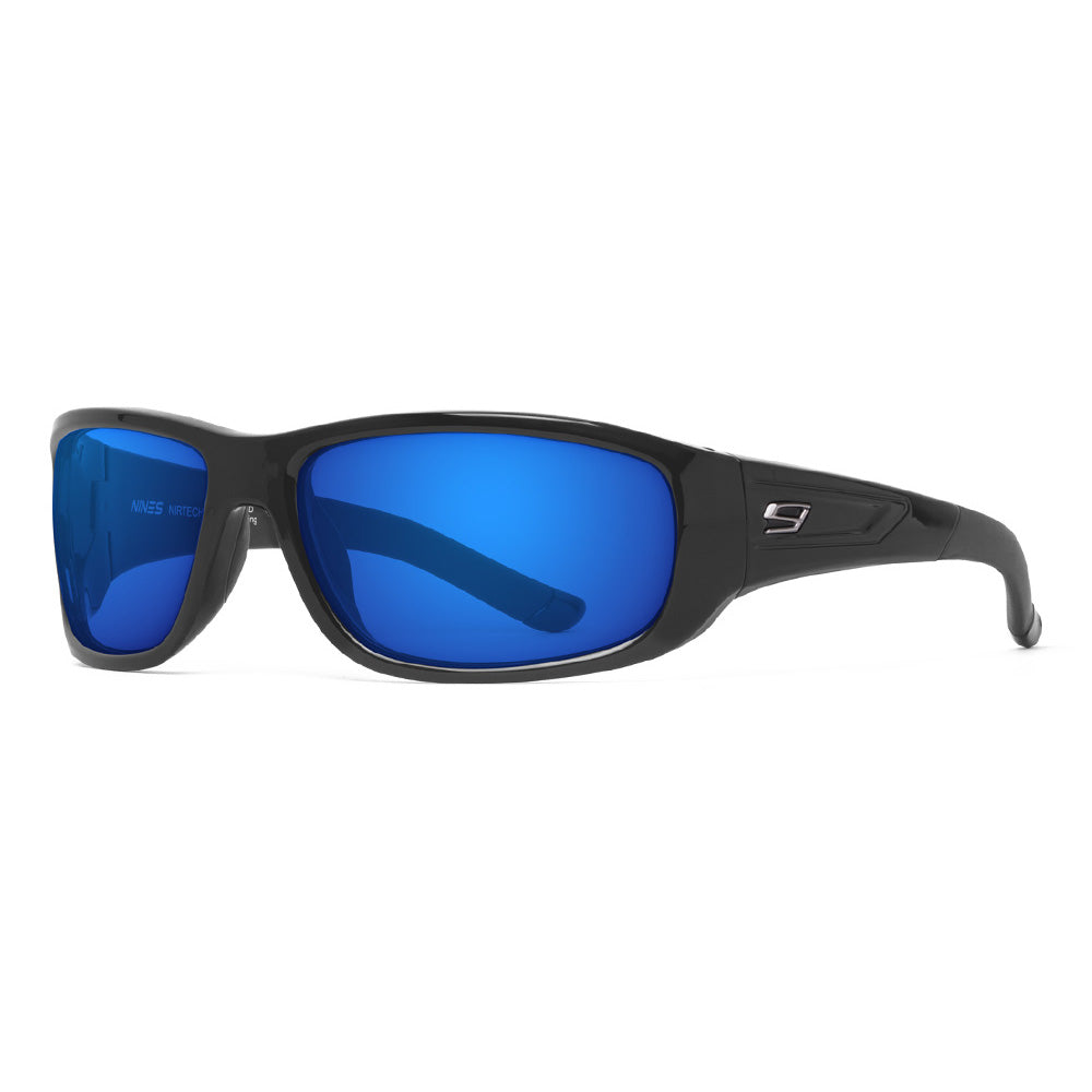Sunglasses with blue lenses and black frame on a white background
