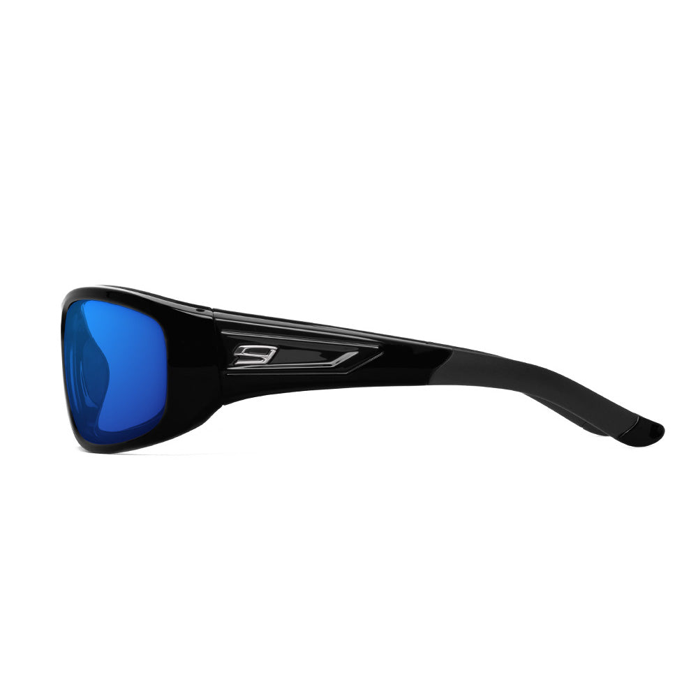 Black sunglasses with blue lenses on a white background