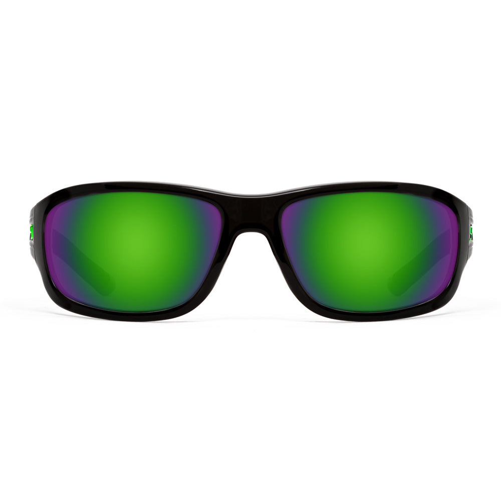 Sunglasses with green lenses and black frame on a white background
