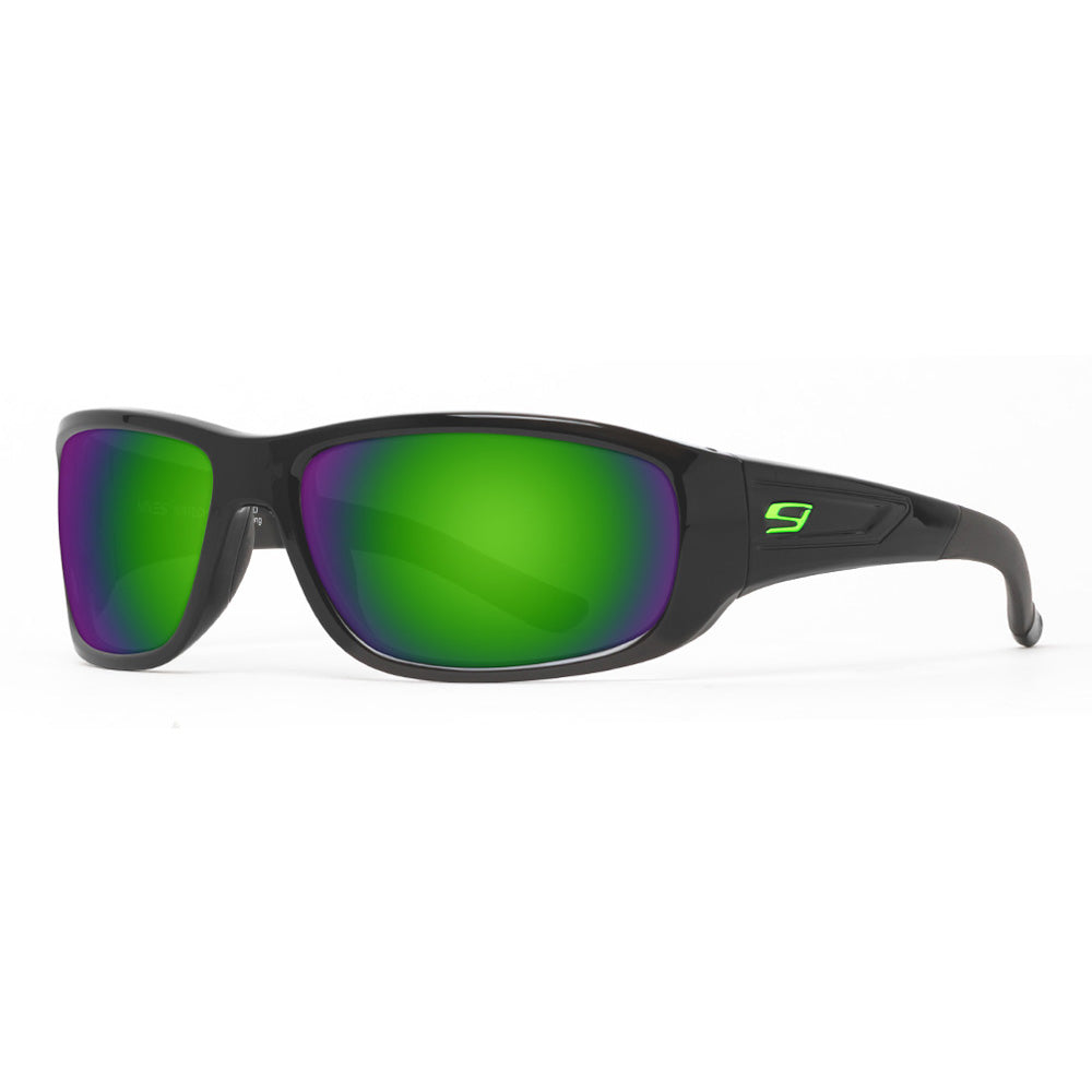 Black sunglasses with green lenses on a white background