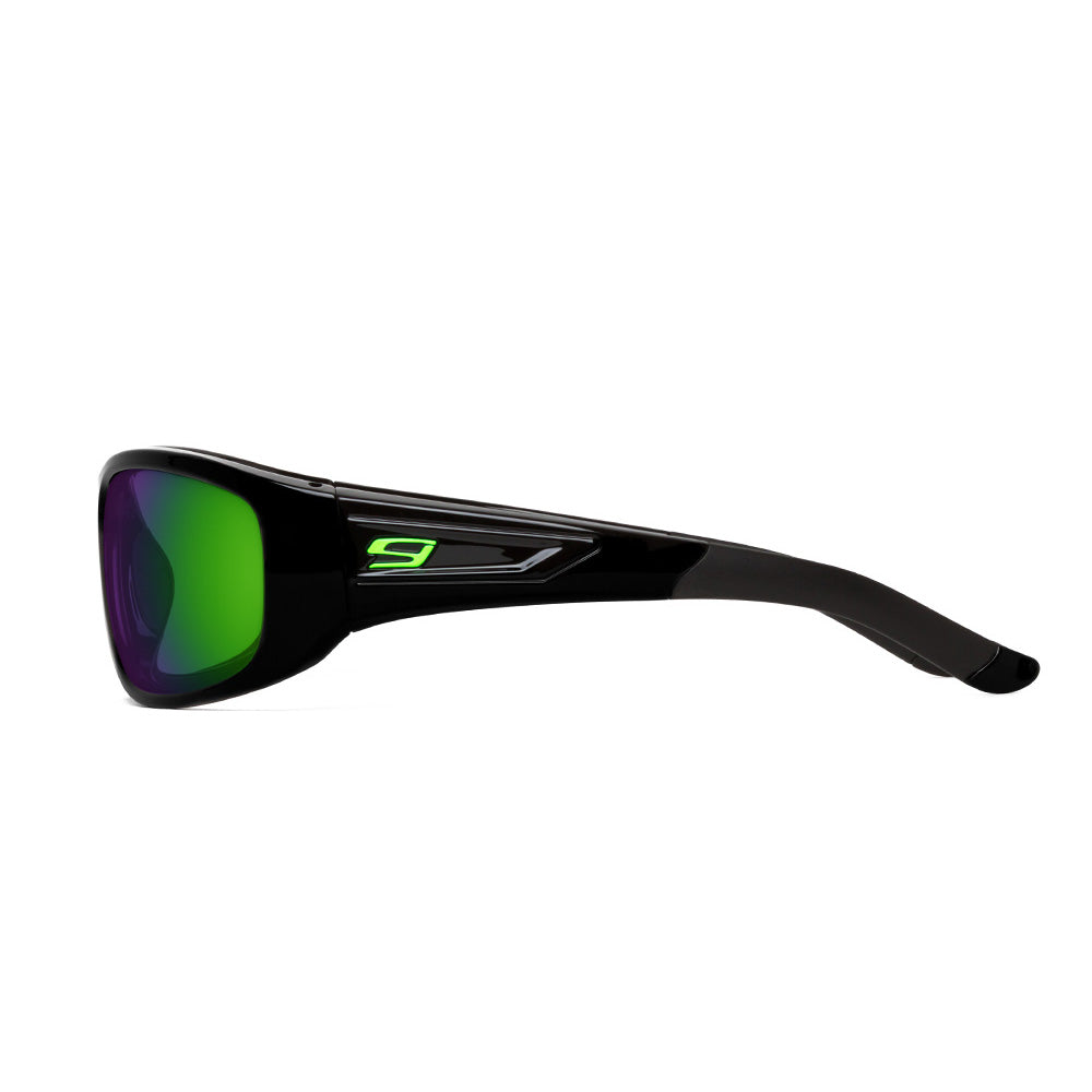 Black sunglasses with green lenses on a white background
