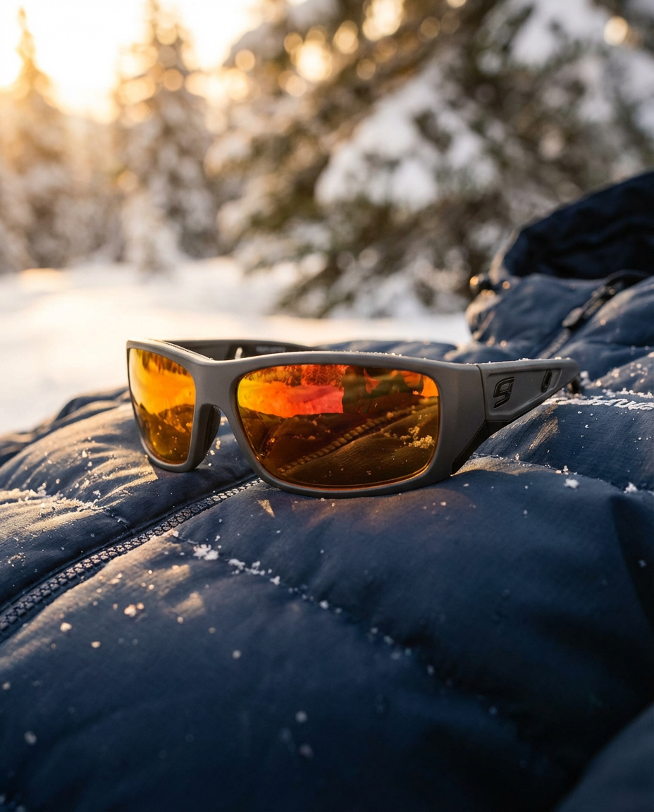 Sunglasses with orange-tinted lenses on a blue jacket in a snowy landscape.