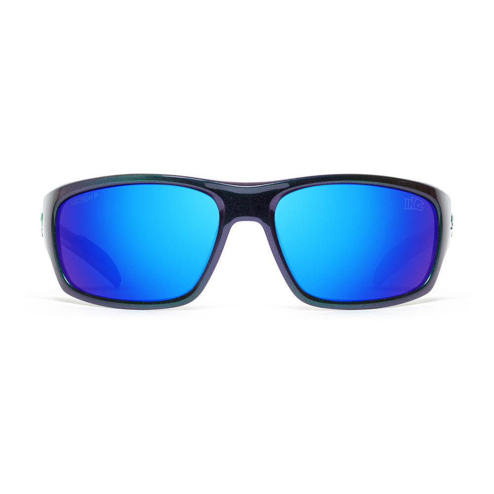 Sunglasses with blue lenses and black frame on a white background