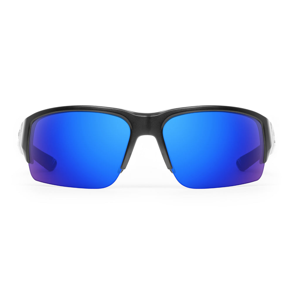 Sunglasses with blue reflective lenses on a white background