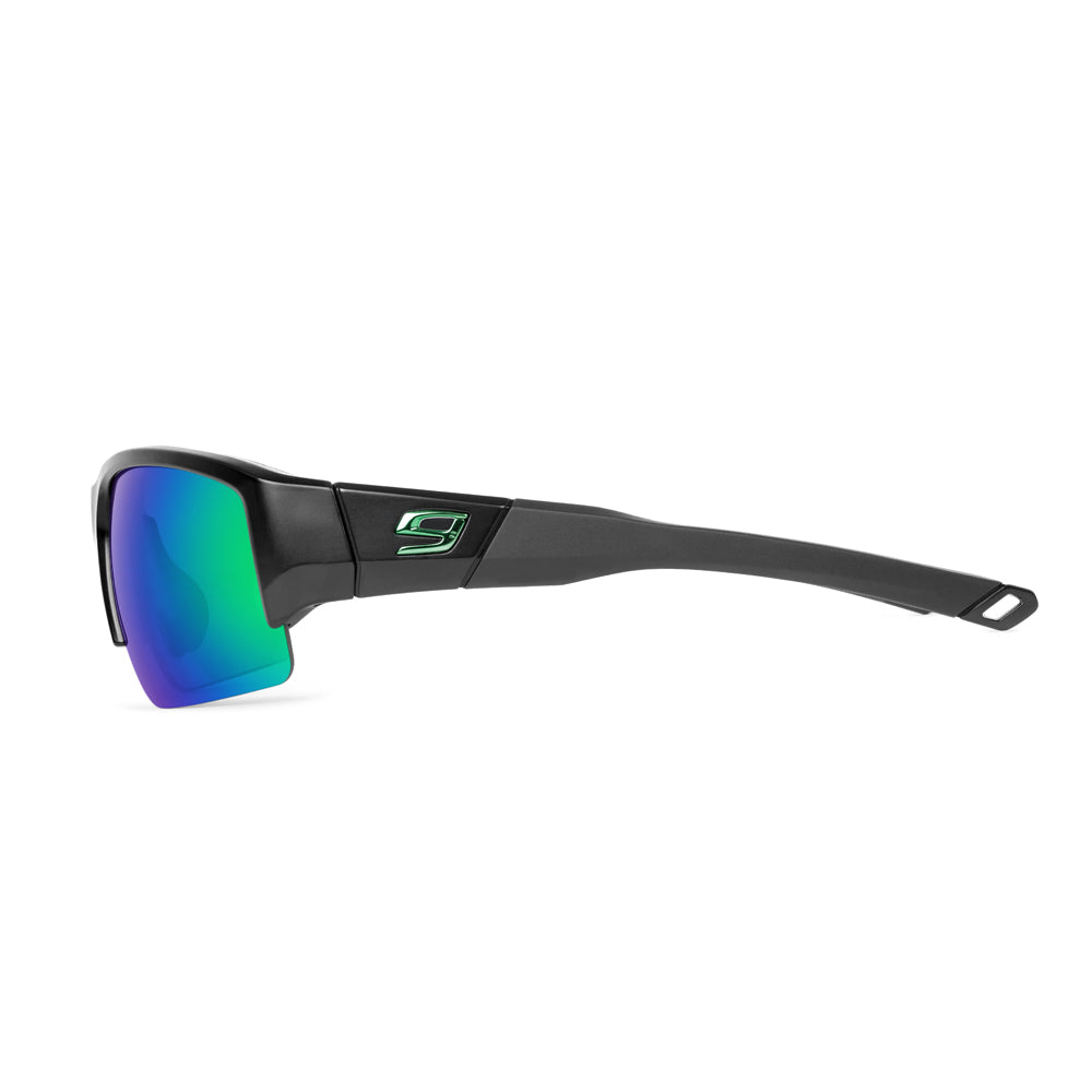 Sunglasses with black frame and blue-tinted lenses on a white background