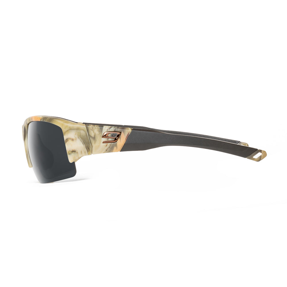 Sunglasses with camouflage frame and black lenses on a white background