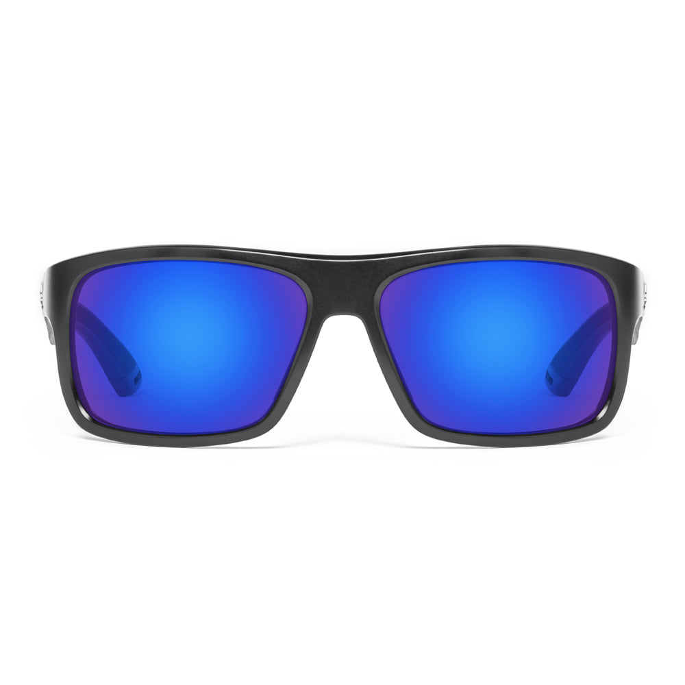 Black sunglasses with blue lenses on a white background