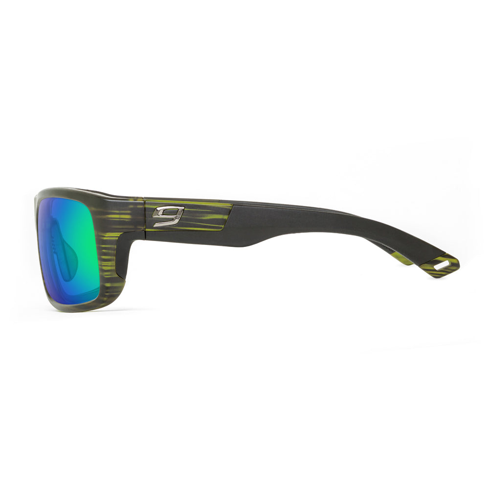 Sunglasses with green reflective lenses on a white background