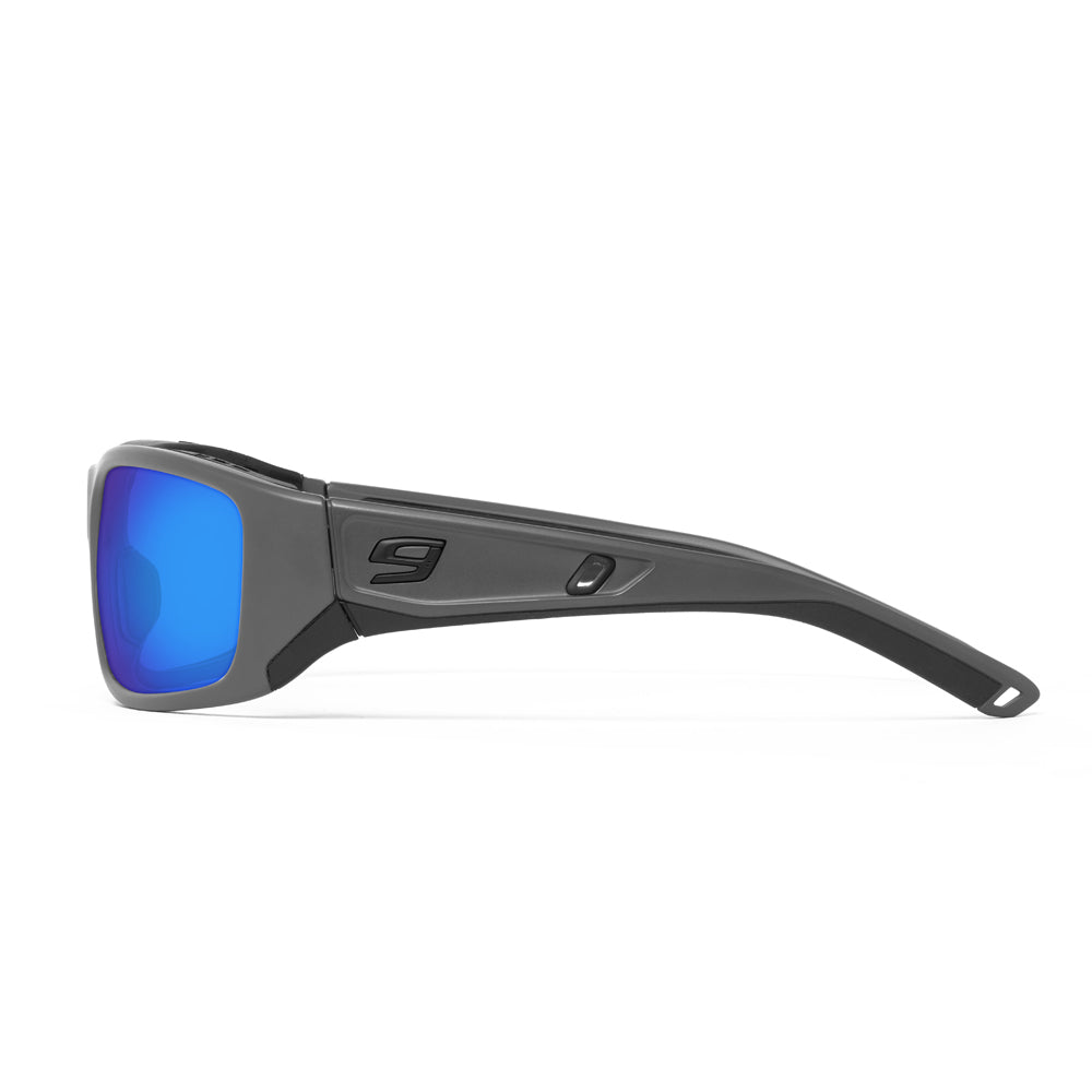 Sunglasses with blue lenses and gray frame on a white background