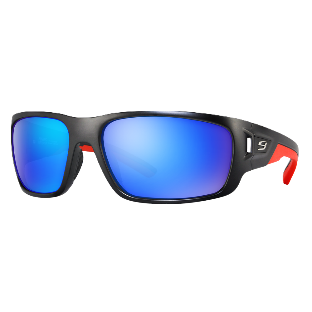 Nines sport sunglasses with a matte black frame, vibrant blue mirrored lenses, and red temple tips, shown on a plain white background.