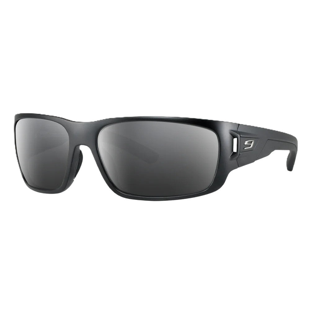Nines black wrap-around sunglasses with dark gray lenses and a small silver logo on the temple arm, shown against a plain white background.