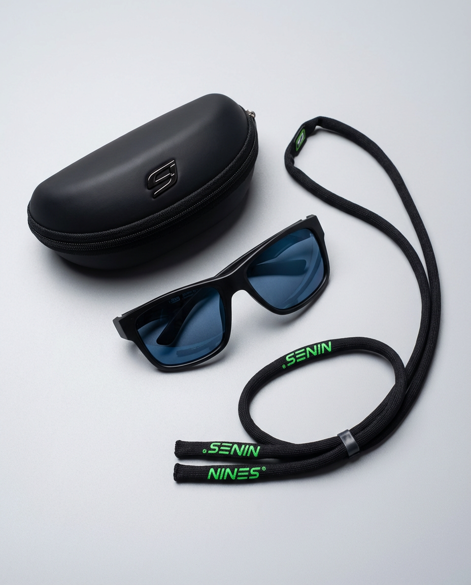 Black sunglasses with blue lenses, black carrying case, and black strap with 'Nines' branding on a light gray background.
