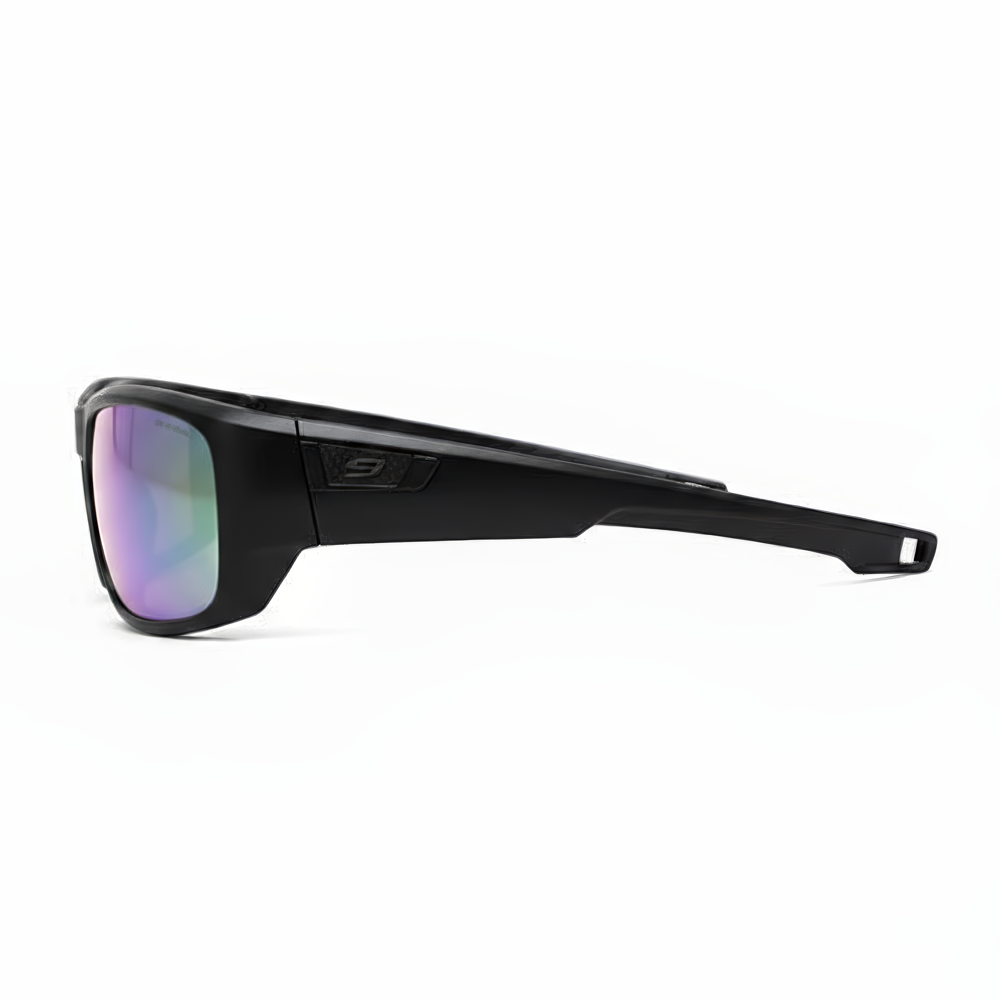 Black sunglasses with purple-tinted lenses on a white background