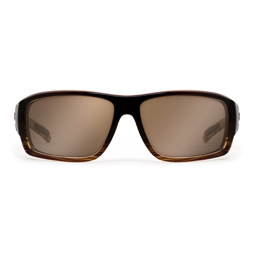 Brown sunglasses with a wood-like finish on a white background