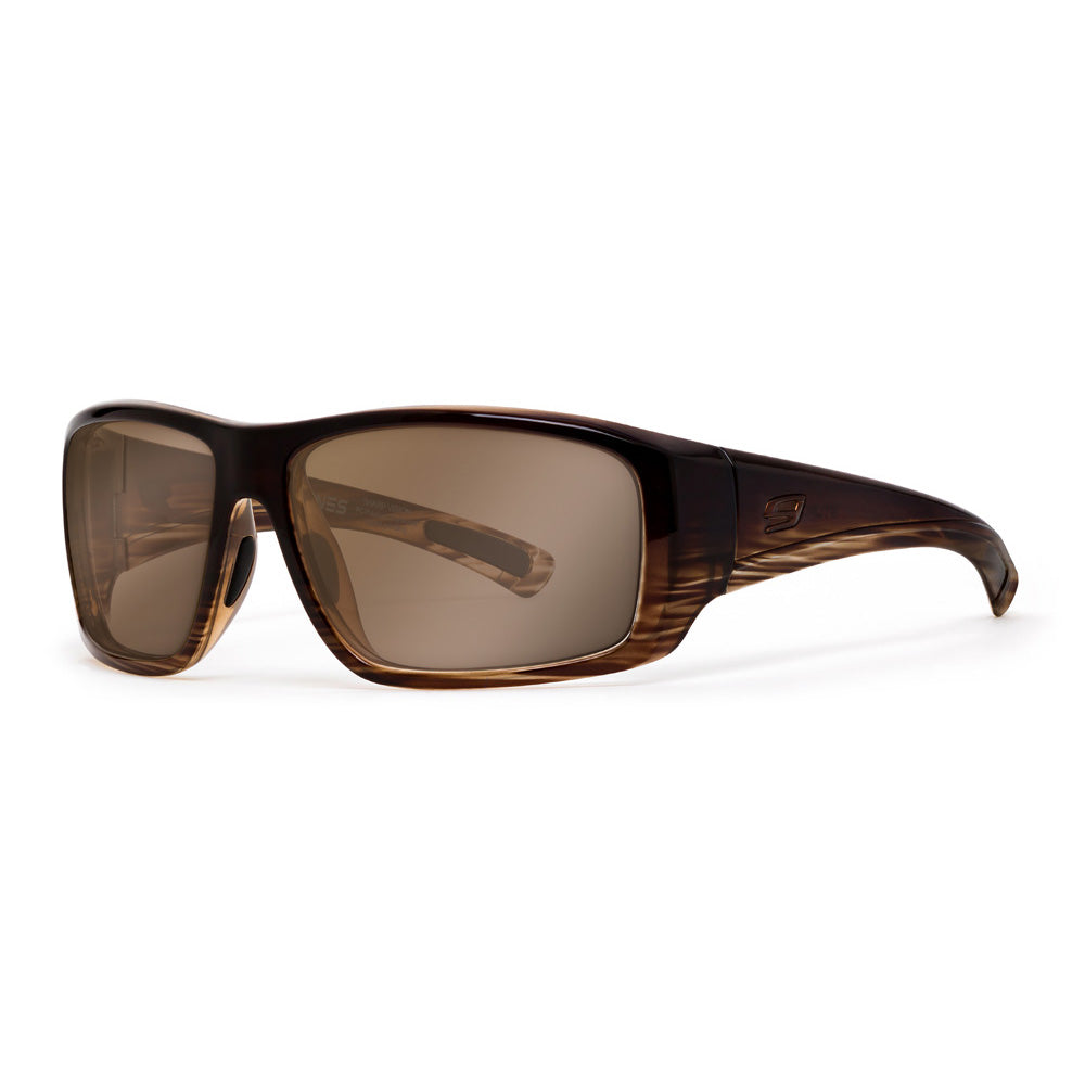 Brown sunglasses with a wood-like finish on a white background