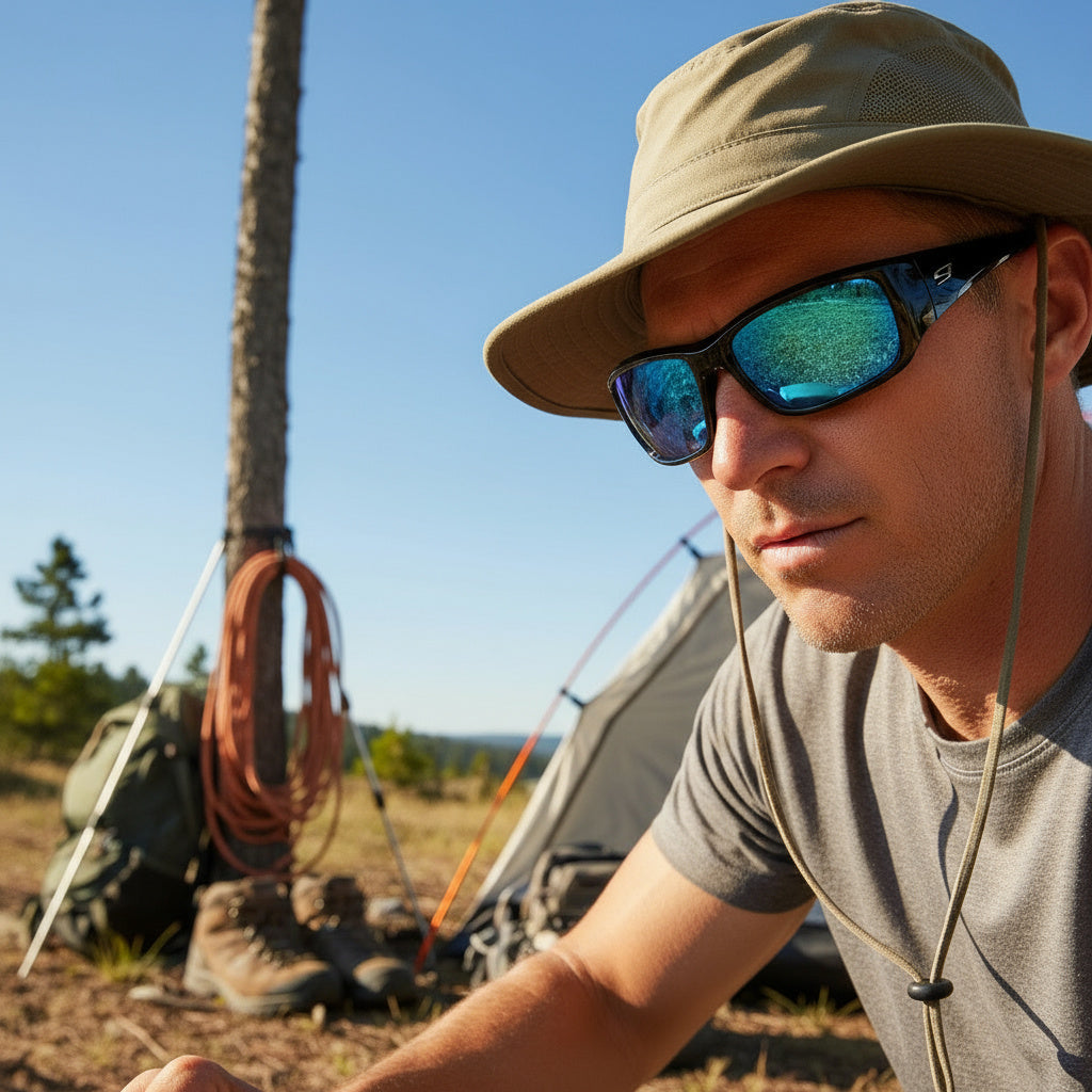 Man wearing sunglasses and a hat in front of a tent and vehicle
