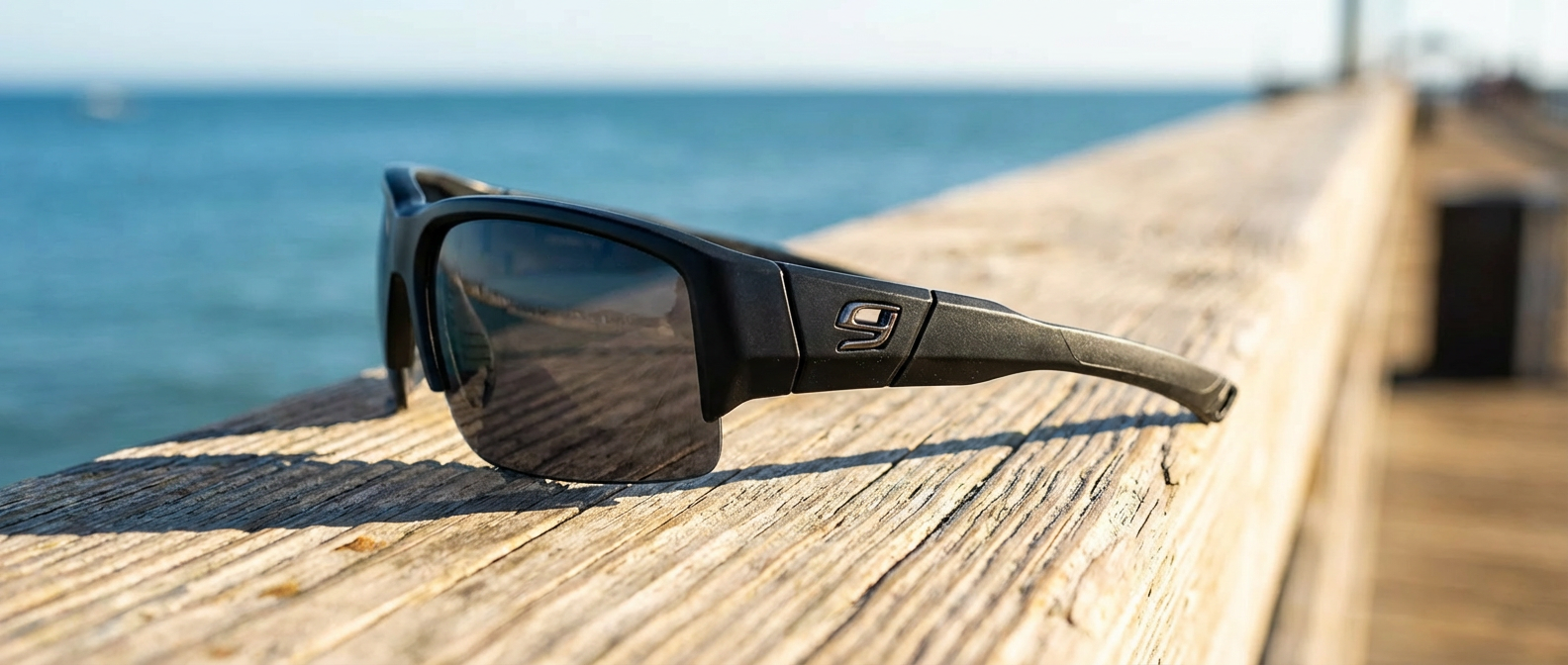 Black sunglasses on a wooden pier with ocean in the background
