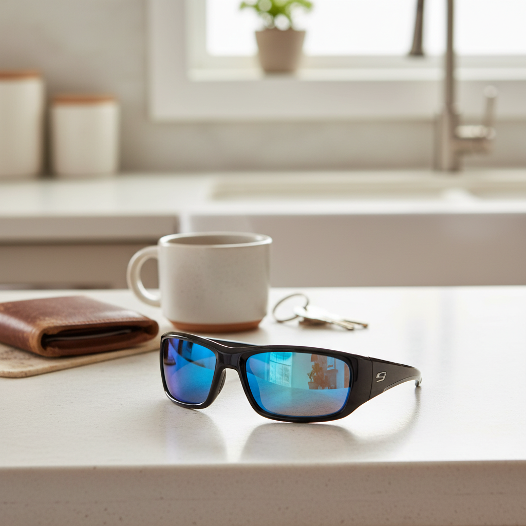Sunglasses with reflective blue lenses on a kitchen counter with a mug, wallet, and keys.