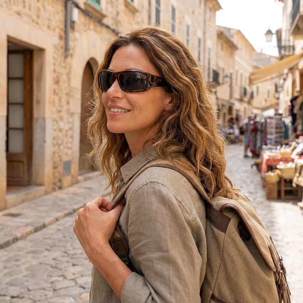Woman with sunglasses and a backpack walking down a cobblestone street in an old town.
