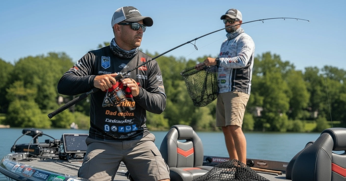 Two men fishing on a boat with trees and water in the background