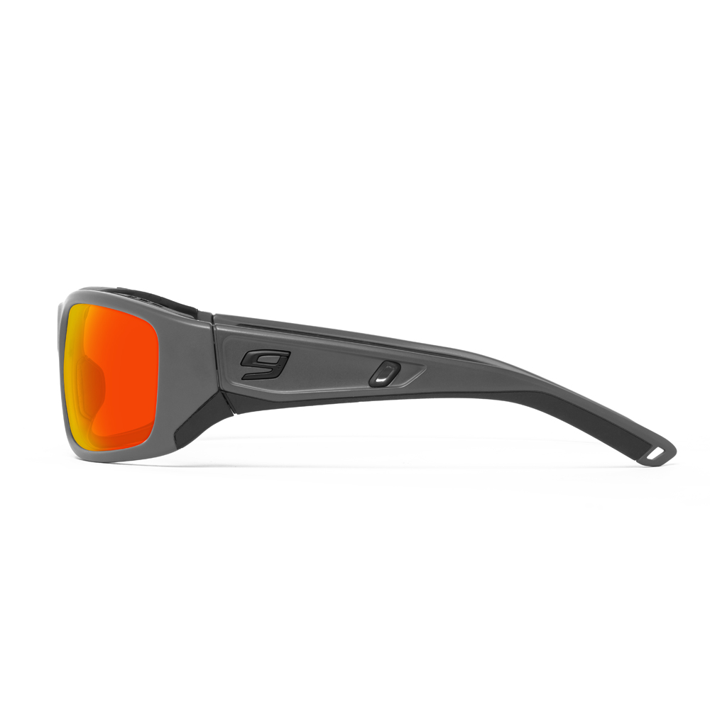 Sunglasses with red-orange lenses and gray frame on a white background