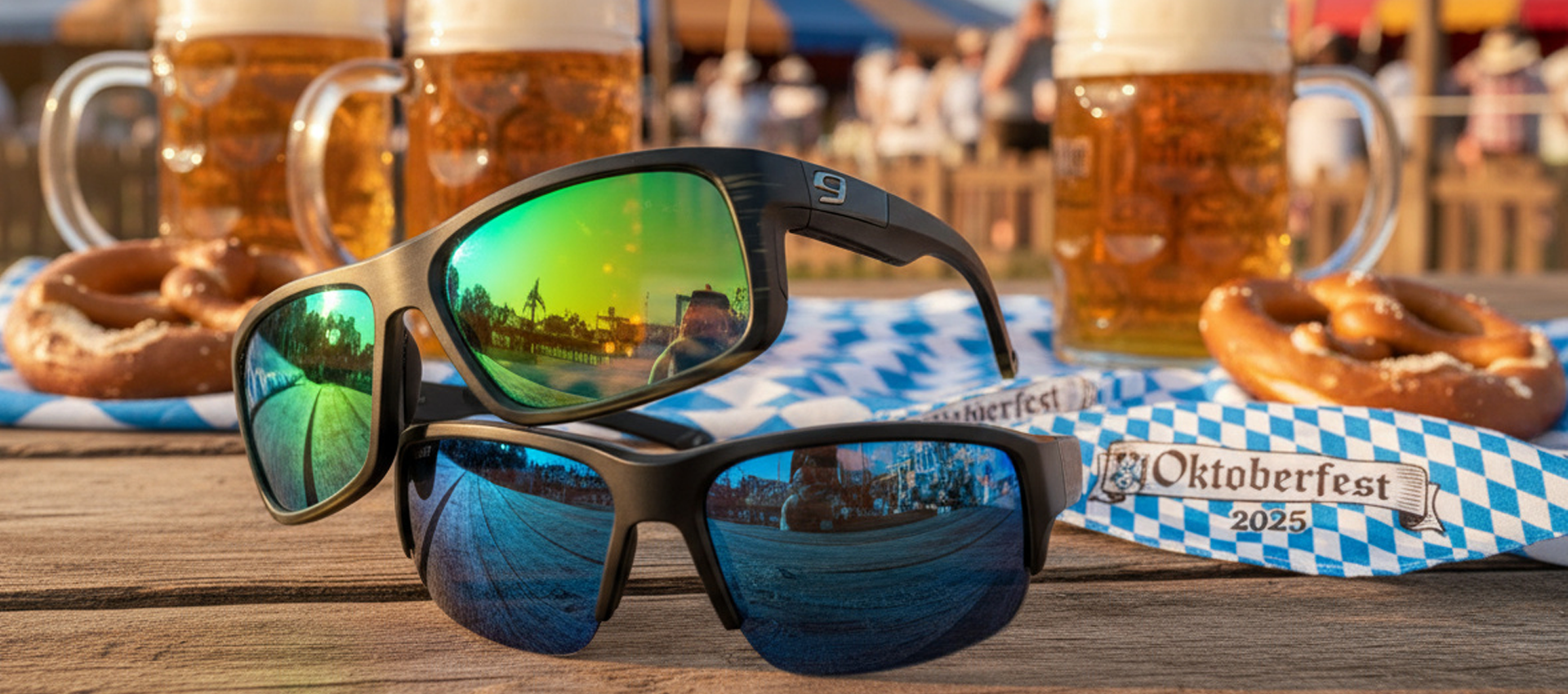 Sunglasses with reflective lenses on a table with beer mugs and pretzels, Oktoberfest setting.