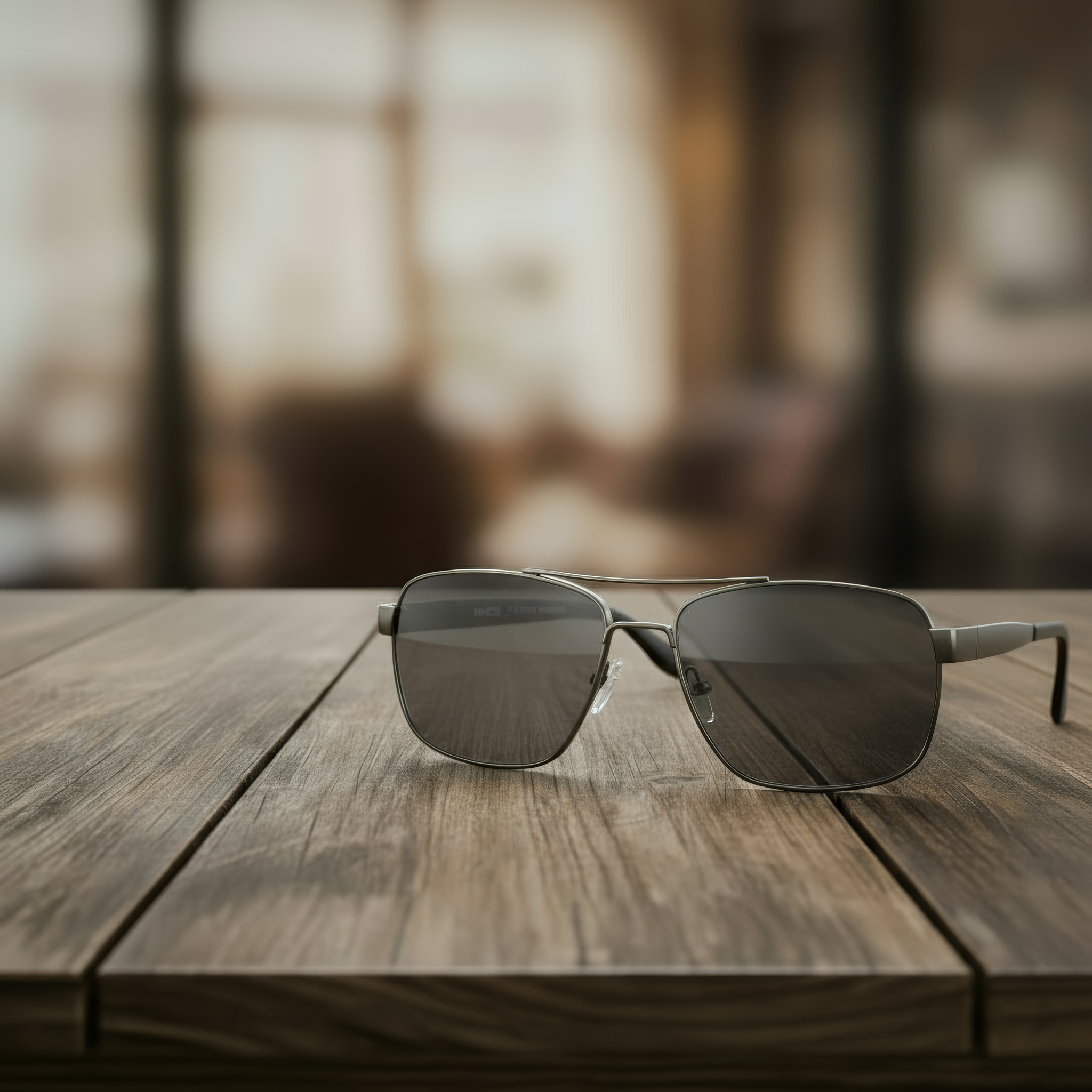 Sunglasses on a wooden table with a blurred background