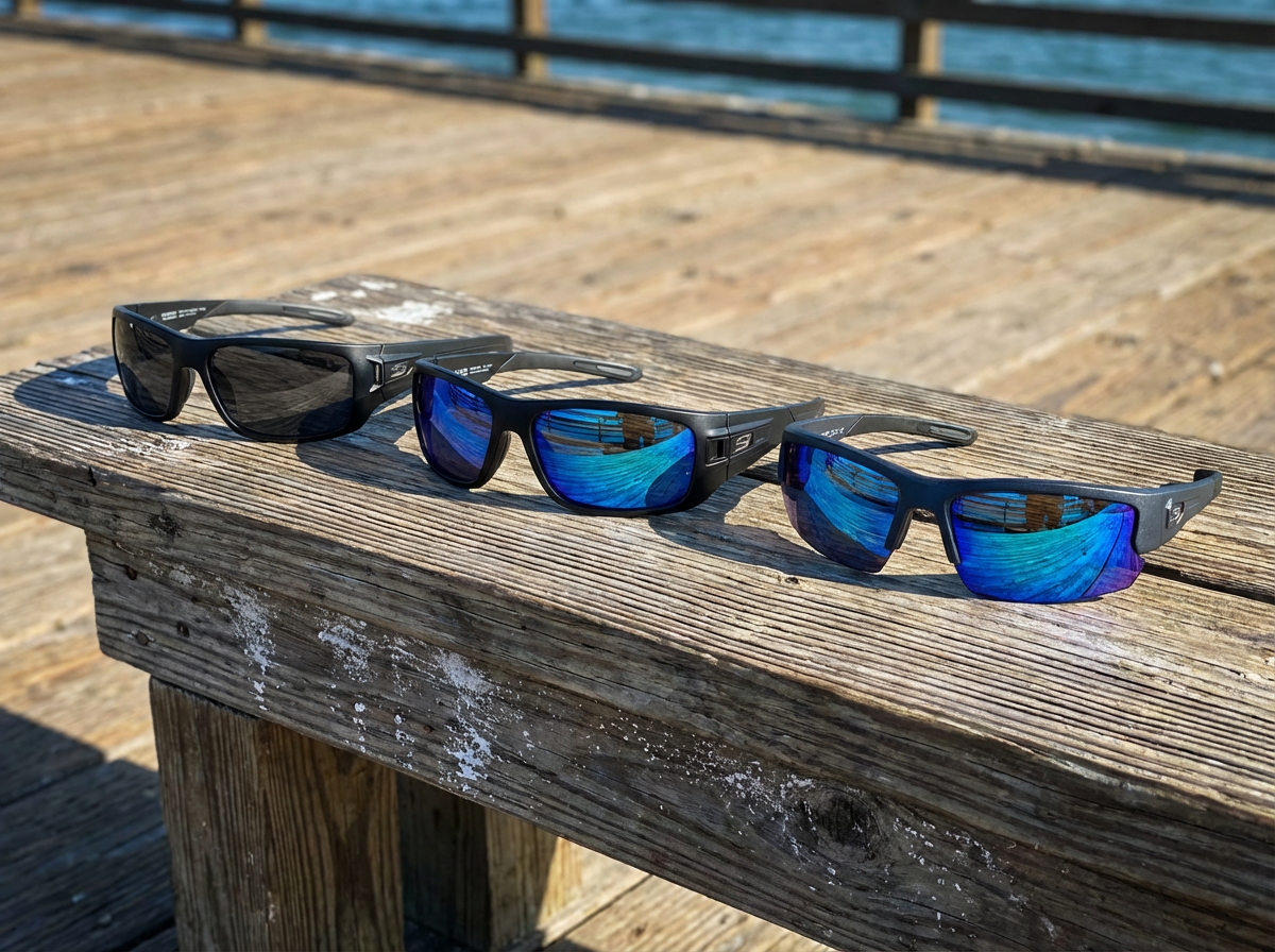 Three pairs of sunglasses on a wooden surface with water in the background