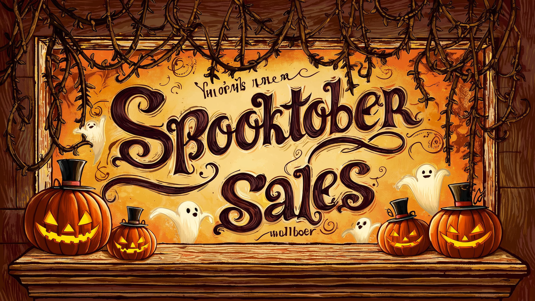 Spooktober Sales Halloween-themed promotional graphic with pumpkins and ghosts on a wooden shelf.