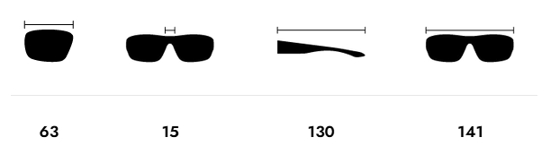 Illustrations of sunglasses with measurements below each pair.