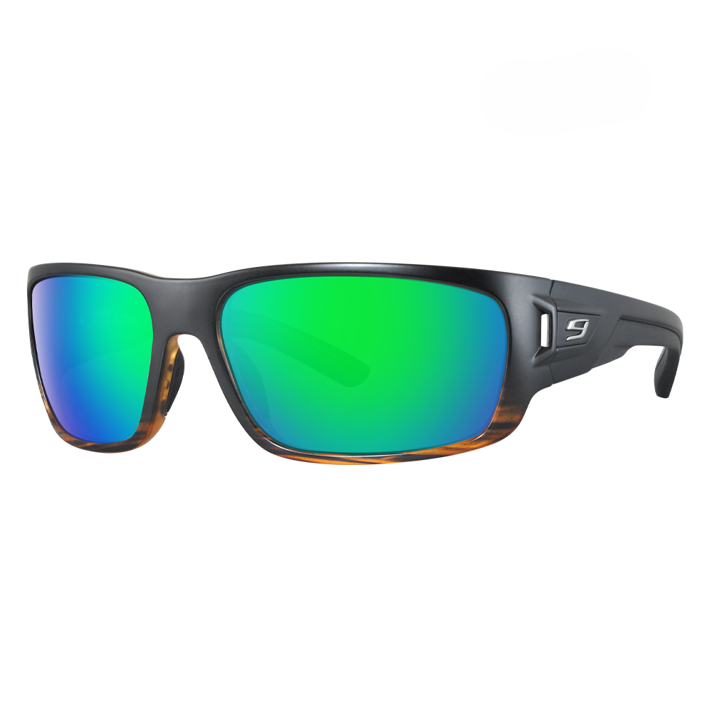 Nines sport sunglasses with a matte black frame, tortoiseshell temple tips, and vibrant green-to-blue mirrored lenses, shown on a solid white background.